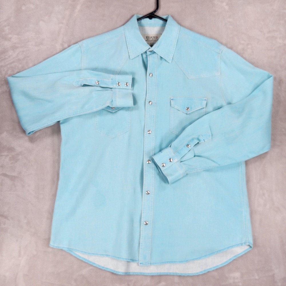 Ryan Michael Mens Large Blue Silk Linen Western Pearl Snap Shirt B1300PW